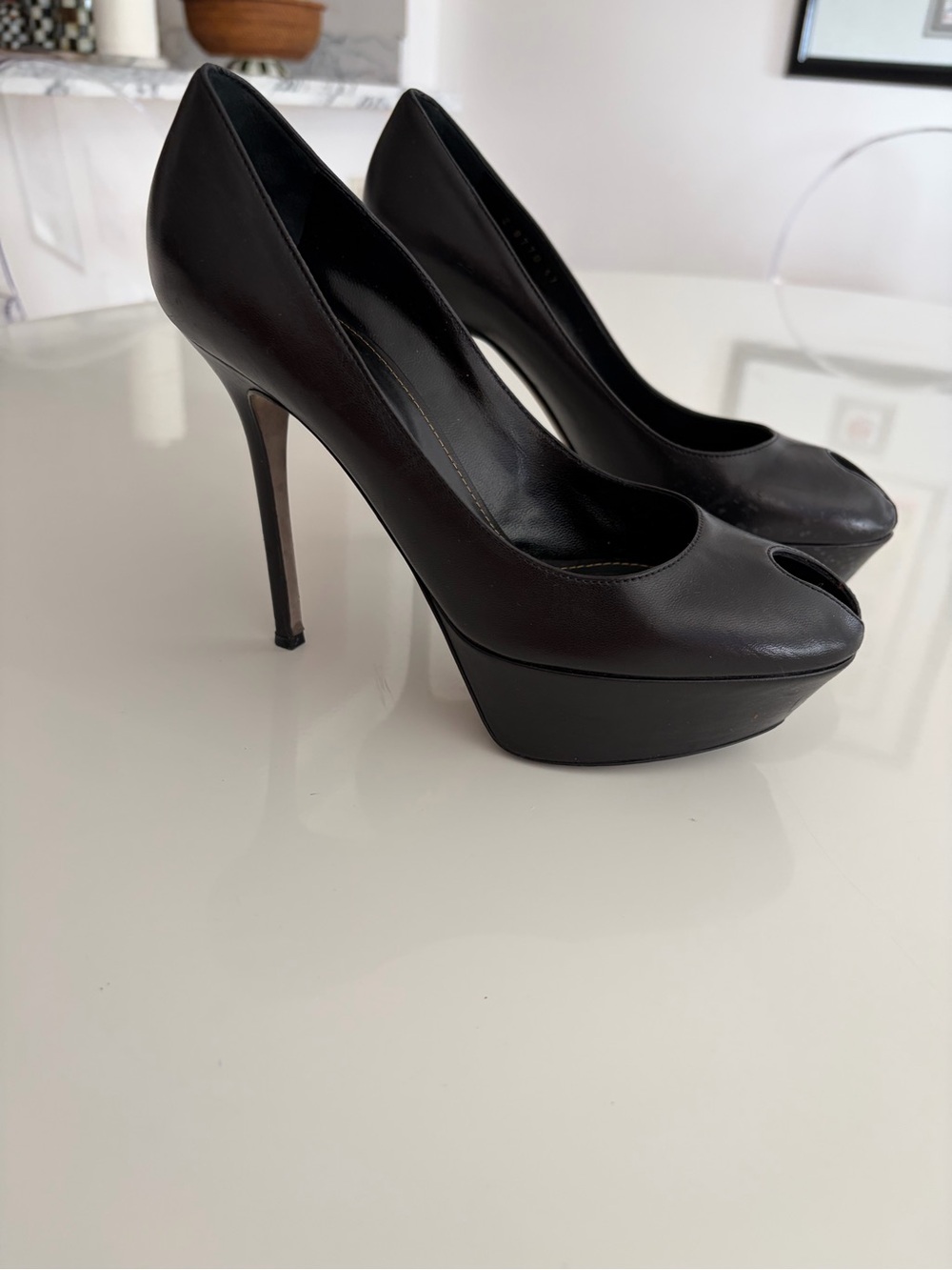 Sergio Rossi Black Leather Peep-Toe Platform Stilettos